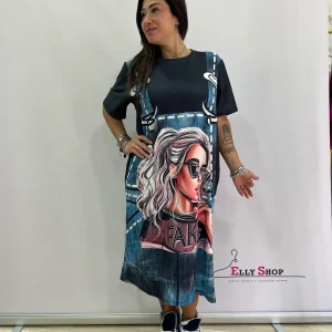 Abito lungo donna con stampa salopette e grafica – taglia unica fino a XXL