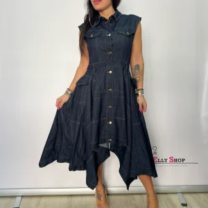Abito midi denim asimmetrico donna