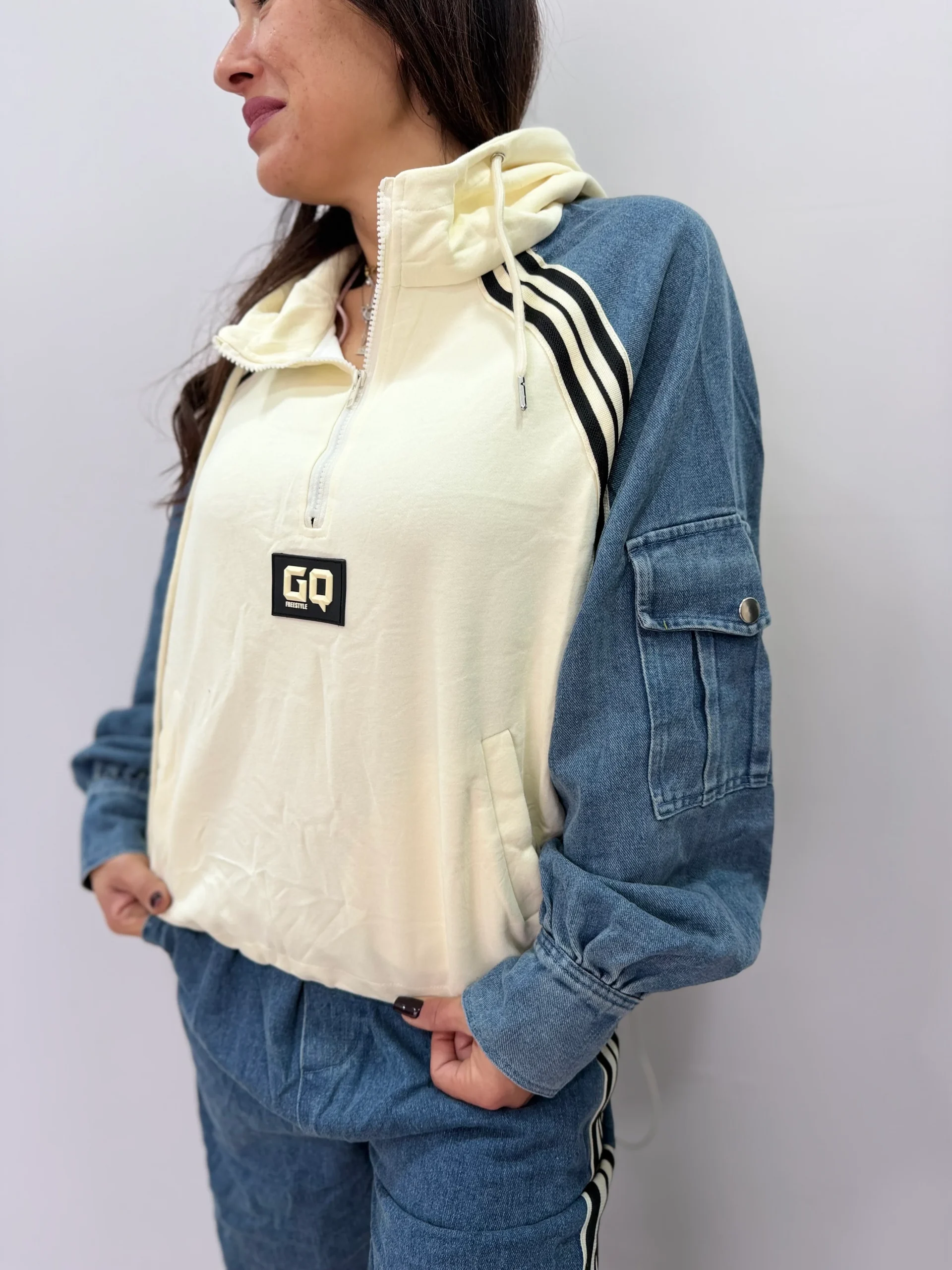 Completo tuta donna denim mix con cappuccio - immagine 8