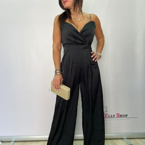 Tuta lunga elegante in raso con scollo a portafoglio – disponibile in verde, fuxia e nero