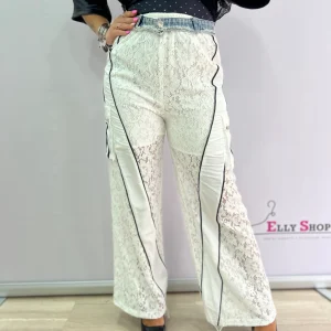 Pantaloni donna in pizzo trasparente con bande laterali – stile sporty-chic nero o bianco