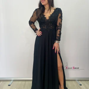 Abito lungo elegante nero con pizzo e spacco