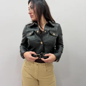 Giacca donna corta effetto pelle con cintura