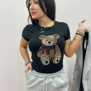 T-shirt donna con orsetto strass gioiello