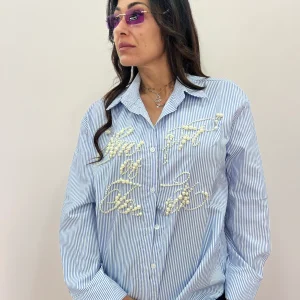 Camicia donna a righe con perle ricamate