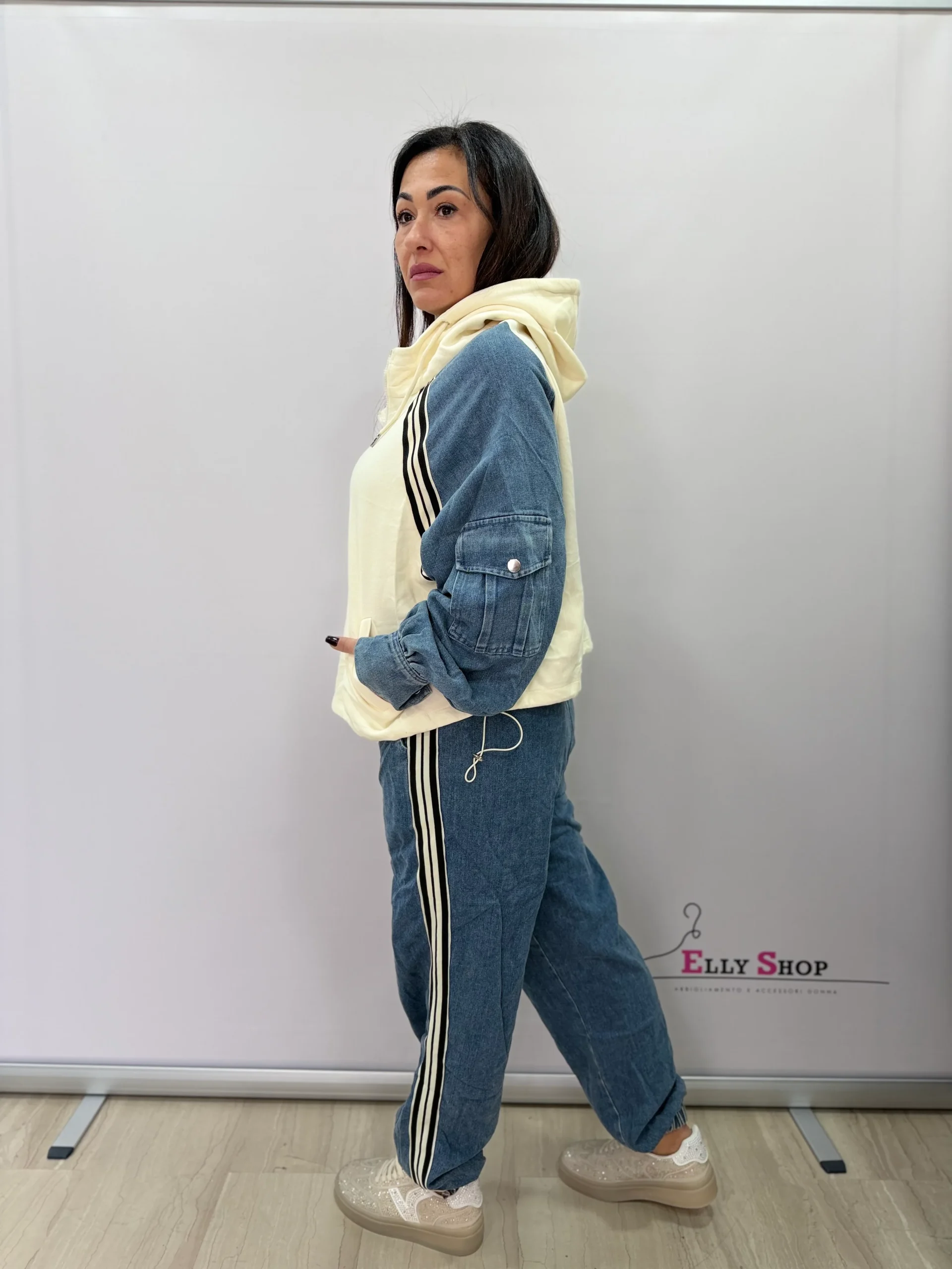 Completo tuta donna denim mix con cappuccio - immagine 7