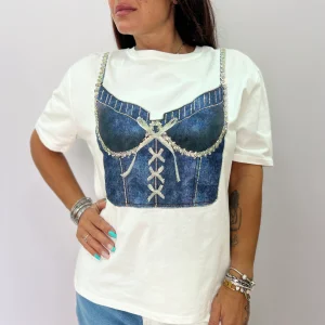 T-shirt bianca donna con stampa corsetto denim e dettagli glitter taglia unica
