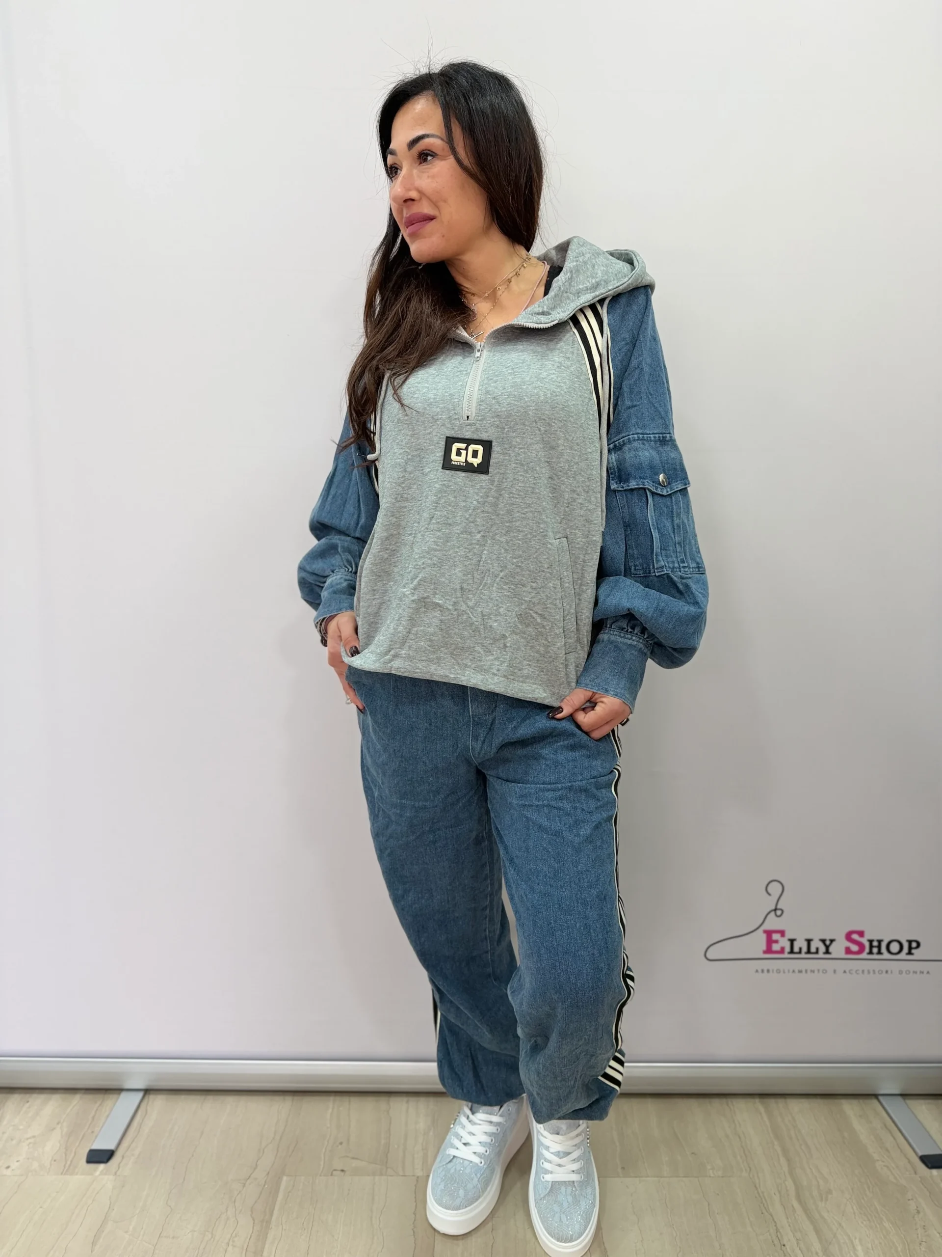 Completo tuta donna denim mix con cappuccio - immagine 4