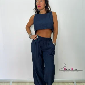 Completo donna estivo due pezzi in cotone con top corto e pantaloni ampio