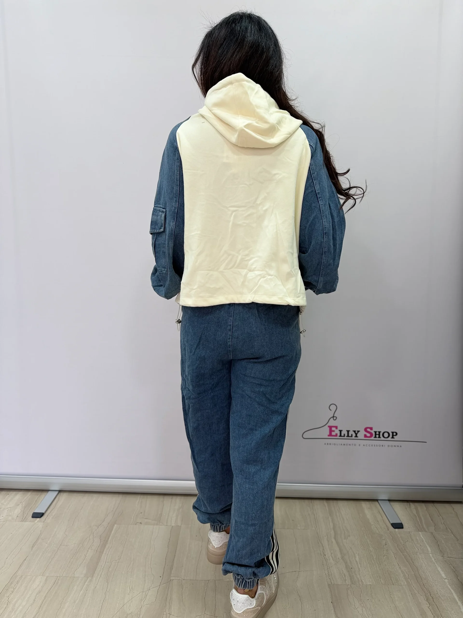 Completo tuta donna denim mix con cappuccio - immagine 9
