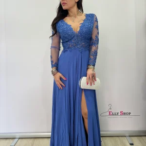 Abito lungo blu elegante con ricami e spacco