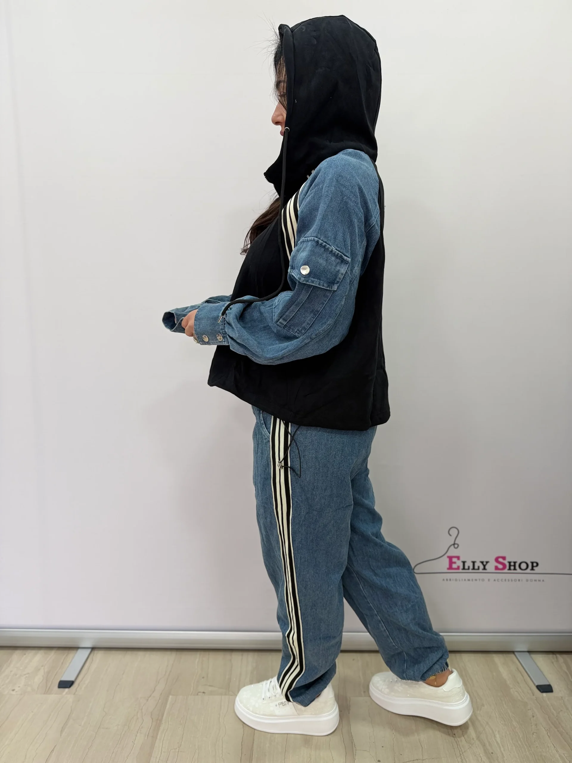 Completo tuta donna denim mix con cappuccio - immagine 5