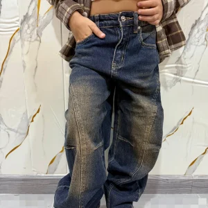 Jeans cargo bambina wide leg effetto vissuto — pantalone denim ampio a vita media