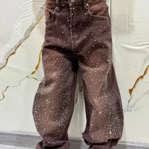 Jeans bambina con strass balloon — pantalone denim marrone luminoso elegante casual art.z30
