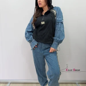 Completo tuta donna denim mix con cappuccio