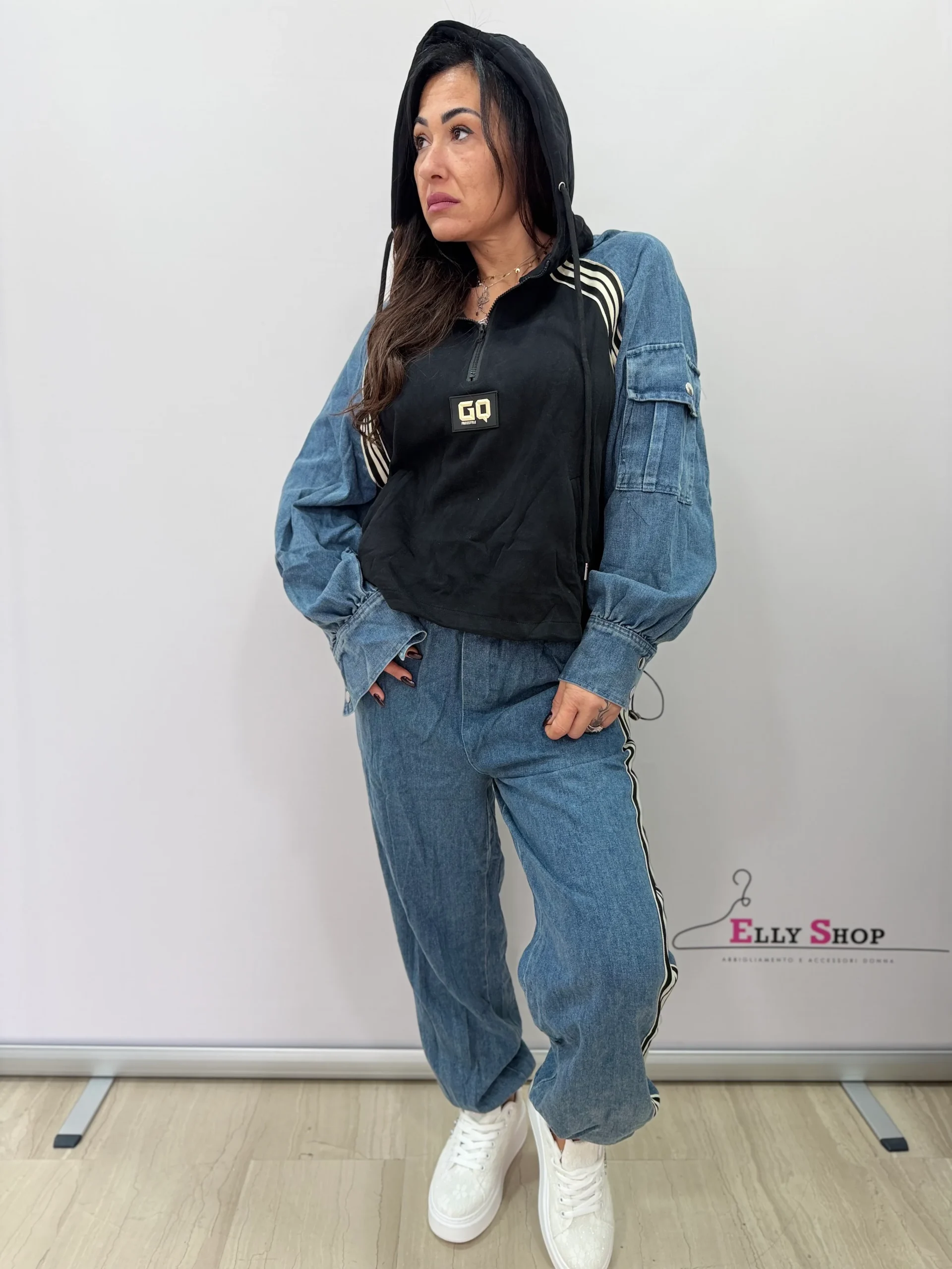 Completo tuta donna denim mix con cappuccio
