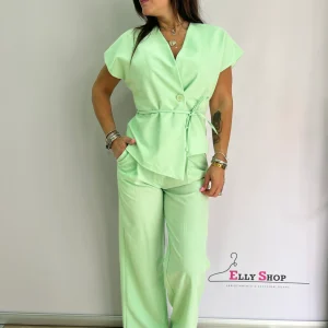 Completo elegante donna verde menta due pezzi con cintura – taglia unica
