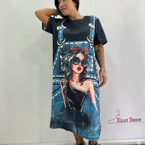 Abito lungo donna con stampa salopette e figura con occhiali – taglia unica fino a XXL