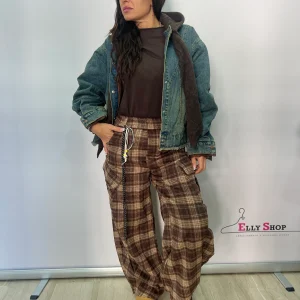 Pantalone cargo donna a quadri marrone