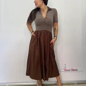 Abito midi marrone con polo a righe