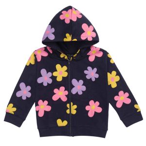 Felpa bambina leggera blu navy con cappuccio e zip - Margherite 3 mesi-4 anni