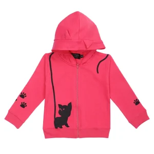 Felpa bambina French Terry leggero rosa shocking con cappuccio e zip - Stampa ga