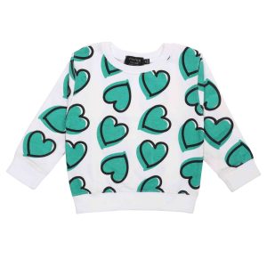 Felpa neonata leggera girocollo bianca con cuori verdi - 3 mesi-4 anni