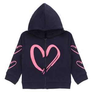 Felpa bambina French Terry leggero con cappuccio e zip - Stampa cuore 2-10 anni