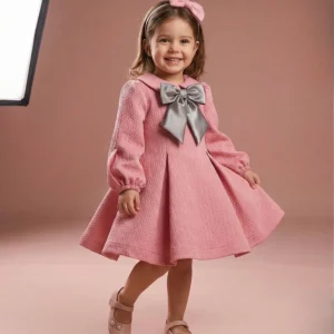 Abito bambina elegante in rosa – con maxi fiocco grigio + cerchietto