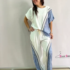 Completo Curvy Donna Casual Chic Nero e Denim con Bande Bianche