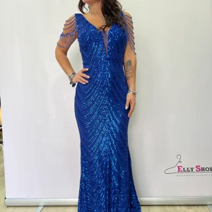 Abito da Sera Elegante Blu con Paillettes e Maniche a Catena - Vestito Lungo Donna