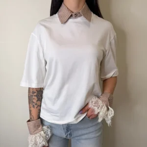 T SHIRT BASIC LATTE + COLLETTO E POLSINI CON PIZZO  SUSYMIX