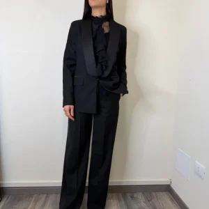 PANTALONE GESSATO CON DETTAGLI IN RASO MOTEL