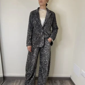 PANTALONI BARREL IN CINIGLIA CON PAILLETTES GRIGIO MOTEL