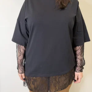 MAGLIA COTONE NERO CON PIZZO DEJAVU