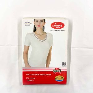 Maglietta bordo pizzo manica corta donna, lana-cotone