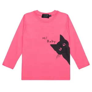Maglietta Manica Lunga Neonata Bambina Rosa Shock con Stampa Gatto - Jersey Poli