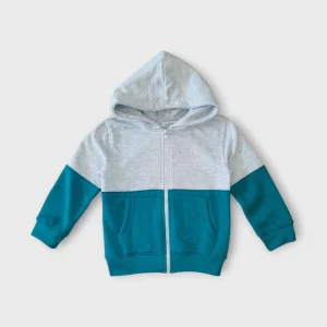 Felpa bambino bicolore grigia e verde con cappuccio e zip - Felpata