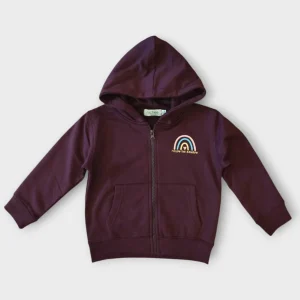 Felpa bambina felpata burgundy con cappuccio e zip - Stampa arcobaleno 2-10 anni