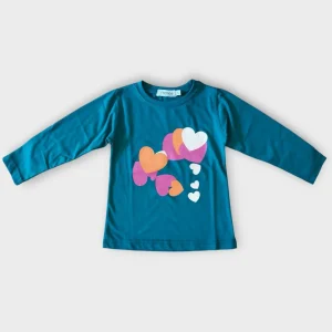Maglia Bambina Verde Cuori Multicolori - Manica Lunga 2-10 anni