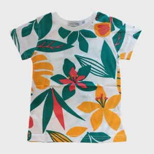 T-shirt bambina bianca con fiori tropicali | Taglie 2-10 Anni